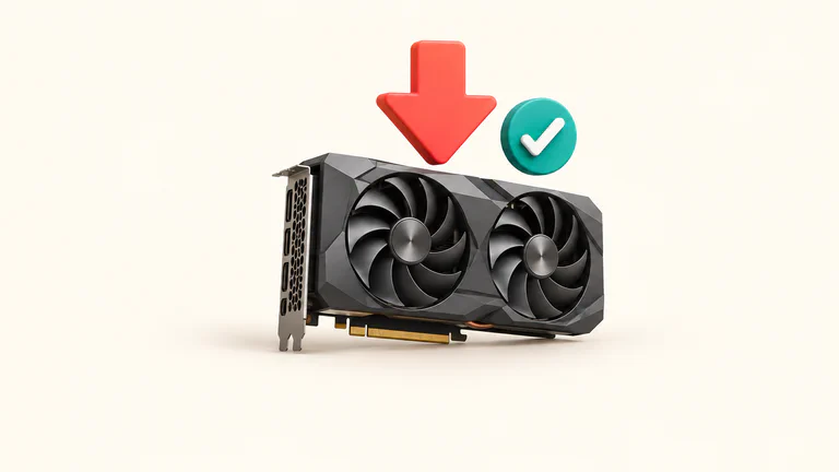 Concept illustration of an unbranded graphics card with a download arrow and a verification check.