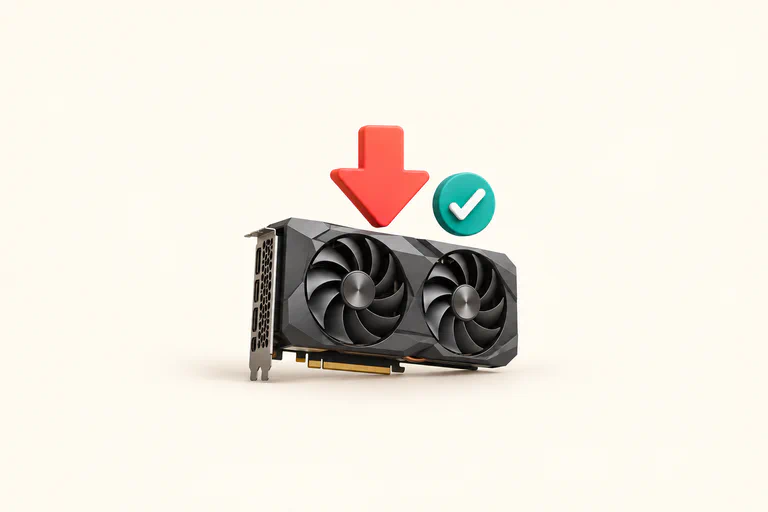 Concept illustration of an unbranded graphics card with a download arrow and a verification check.
