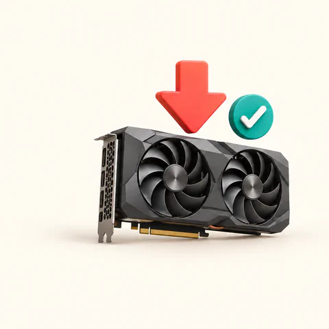 Concept illustration of an unbranded graphics card with a download arrow and a verification check.