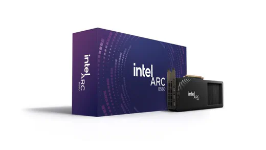 Intel Arc B580 graphics card shown with Intel Arc retail box.