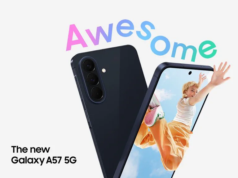 Imagen de producto del Samsung Galaxy A57 5G con pantalla frontal y cámaras traseras.