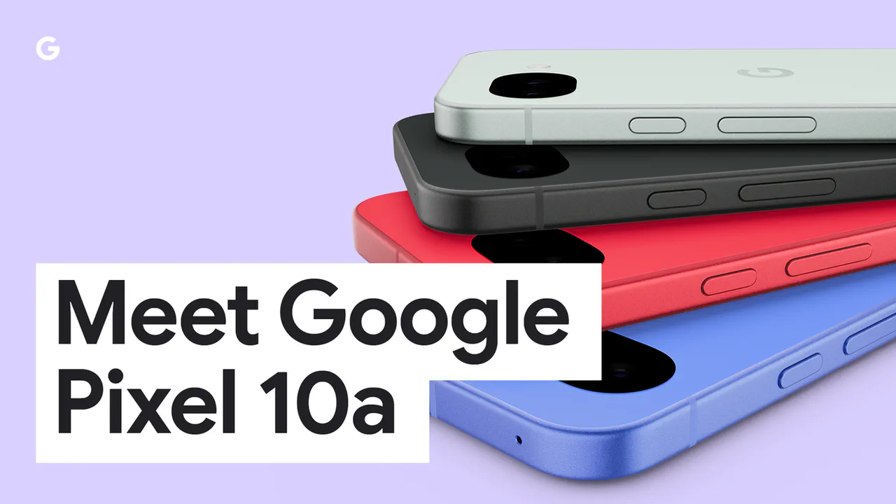 Imagen oficial del Google Pixel 10a mostrando varios colores y la barra de cámara trasera.