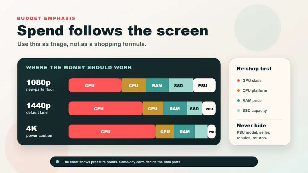 Price2Click visual map showing how 1080p, 1440p and 4K PC builds put different pressure on GPU, CPU, RAM, SSD and PSU choices.