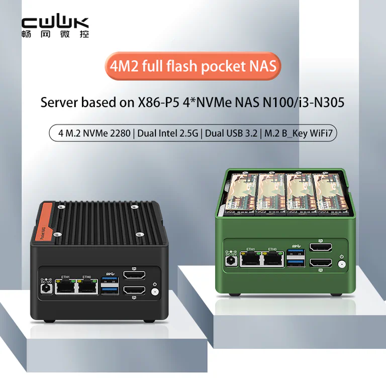 CWWK Intel N100 and i3-N305 4 M.2 pocket NAS product image.