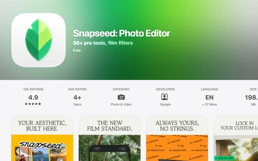 The Snapseed App Store listing showing the free photo editor, rating, developer and preview screenshots.