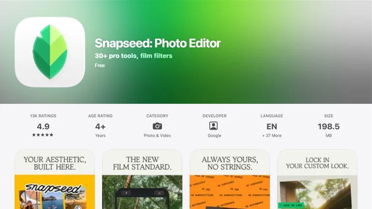 The Snapseed App Store listing showing the free photo editor, rating, developer and preview screenshots.
