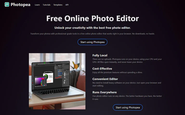 The Photopea website showing a browser-based photo editor that runs without installation.