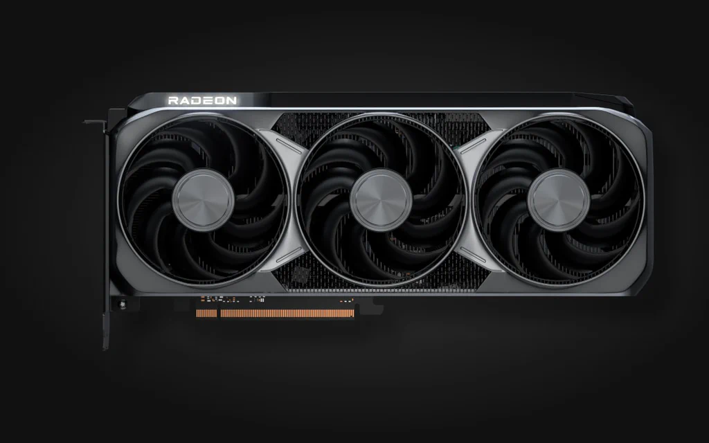 Official AMD Radeon RX 9070 XT product image showing a triple-fan graphics card on a dark background.