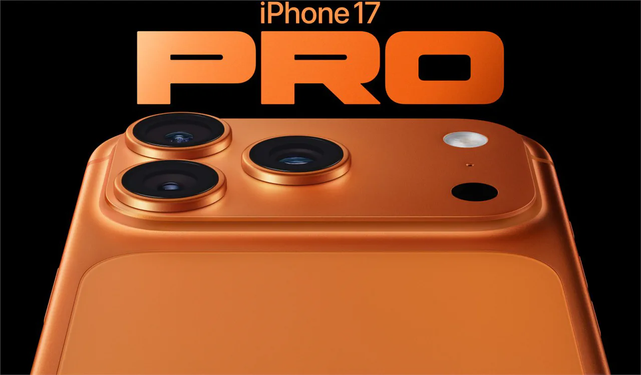 Imagen oficial de Apple del sistema de cámaras del iPhone 17 Pro en color naranja cósmico.