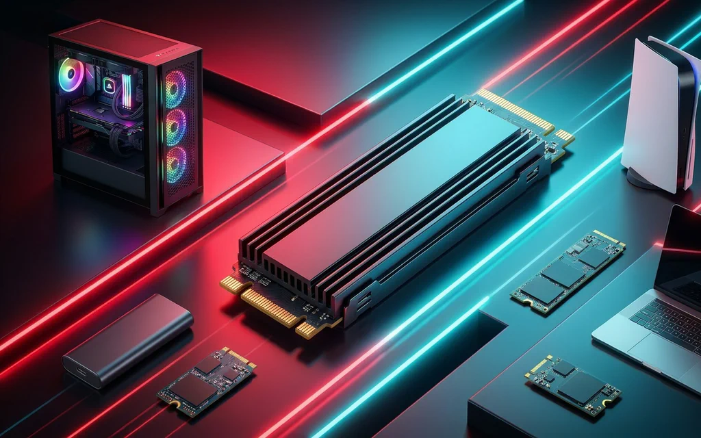 Capa de guia de SSD com um SSD NVMe grande, PC gamer, console parecido com PS5, notebook, SSD externo e outros formatos de armazenamento.