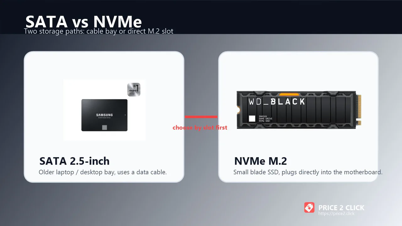 Un SSD SATA de 2,5 pulgadas junto a un SSD M.2 NVMe.
