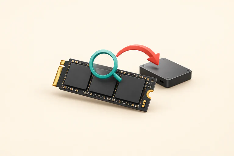 Concept illustration of an unbranded SSD, a magnifying glass and a backup arrow toward separate storage.