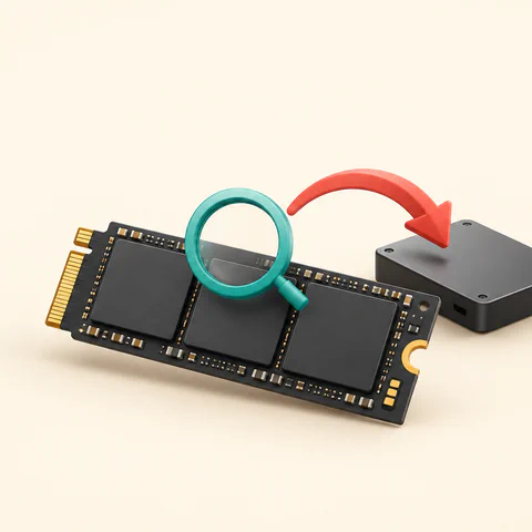 Concept illustration of an unbranded SSD, a magnifying glass and a backup arrow toward separate storage.