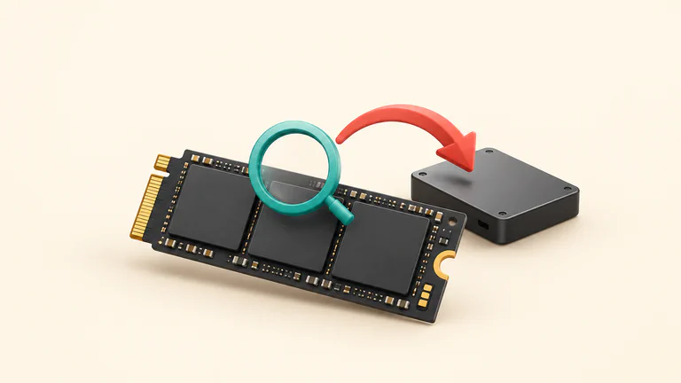 Concept illustration of an unbranded SSD, a magnifying glass and a backup arrow toward separate storage.