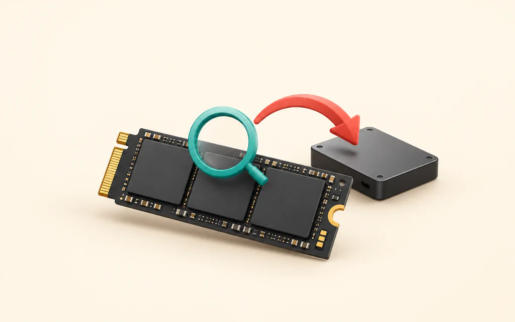 Concept illustration of an unbranded SSD, a magnifying glass and a backup arrow toward separate storage.