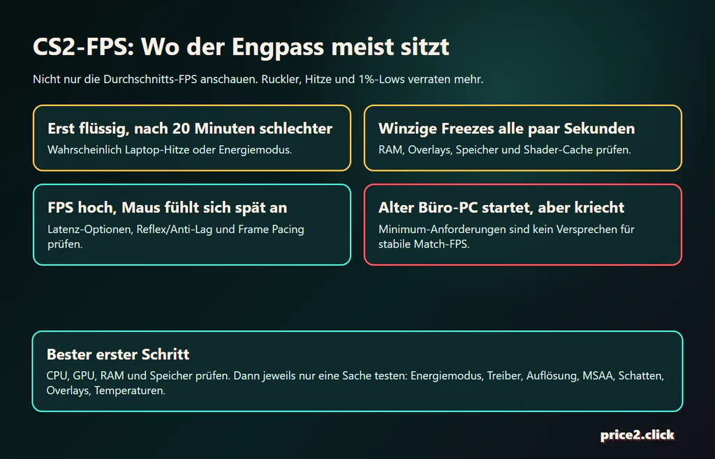 Price2Click-Flussdiagramm mit typischen Counter-Strike-2-FPS-Flaschenhälsen wie CPU-Limits, GPU-Auslastung, Laptop-Hitze, RAM-Druck und Latenz.