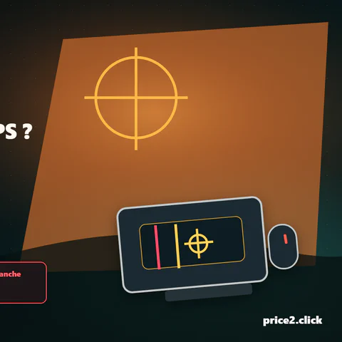 Illustration éditoriale Price2Click pour vérifier les FPS de Counter-Strike 2, le CPU, le GPU, la RAM et les limites de PC portable.