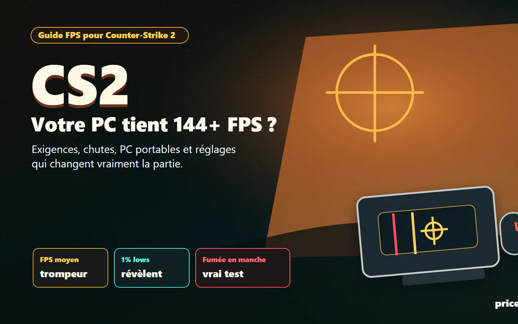 Illustration éditoriale Price2Click pour vérifier les FPS de Counter-Strike 2, le CPU, le GPU, la RAM et les limites de PC portable.