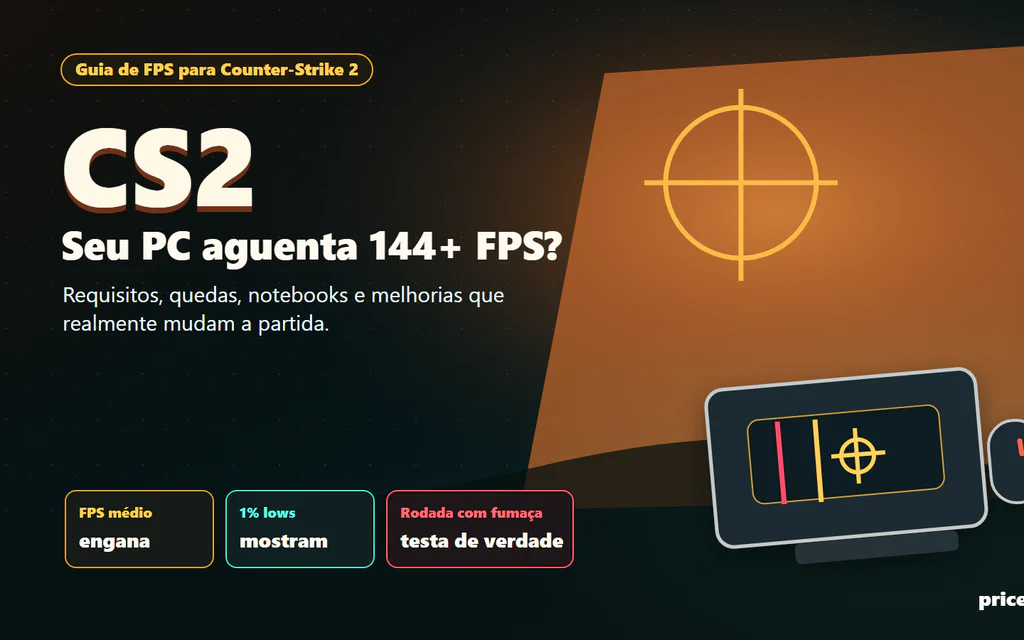 Ilustração editorial da Price2Click para verificar FPS, CPU, GPU, RAM e gargalos de notebook no Counter-Strike 2.