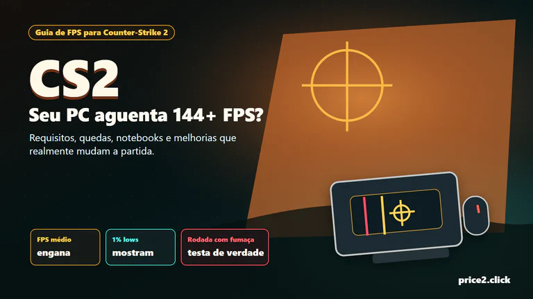 Ilustração editorial da Price2Click para verificar FPS, CPU, GPU, RAM e gargalos de notebook no Counter-Strike 2.