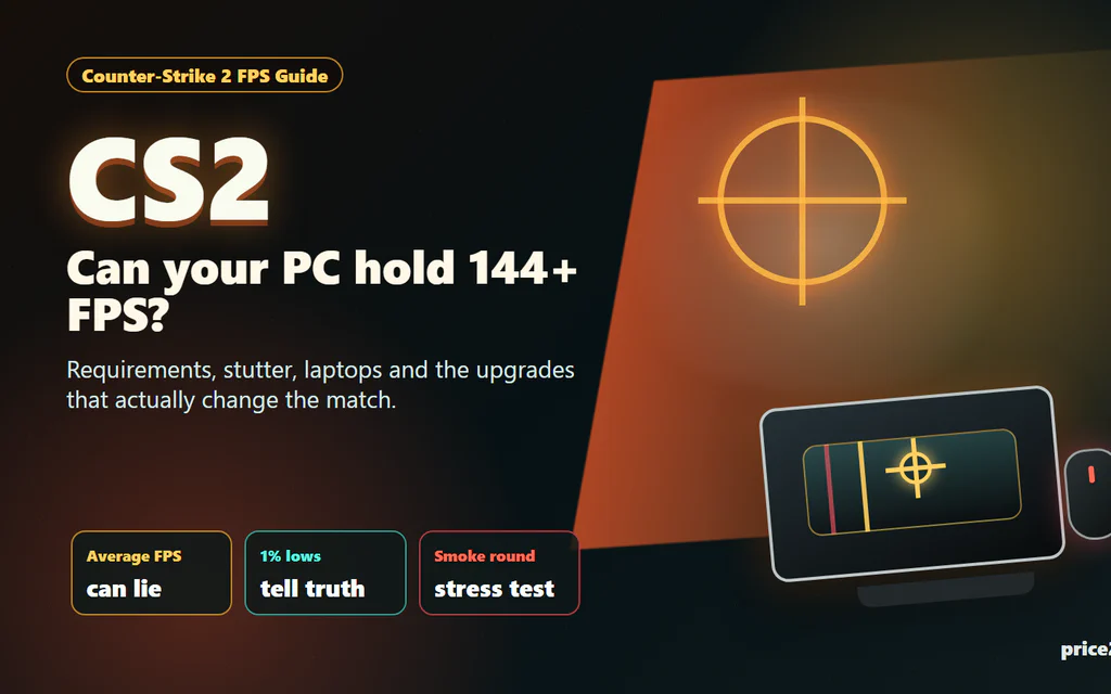 Counter-Strike 2 FPS checklist showing CPU, GPU, RAM and laptop heat bottlenecks.