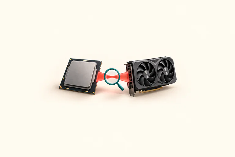 Concept illustration of an unbranded CPU and graphics card with a magnifying glass examining the connection between them.