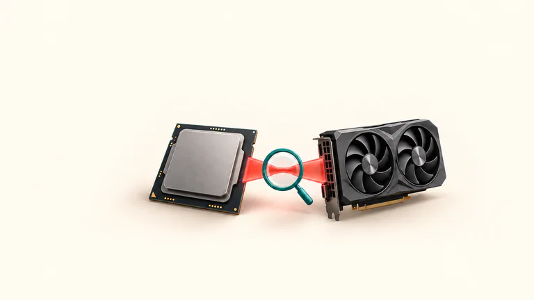 Concept illustration of an unbranded CPU and graphics card with a magnifying glass examining the connection between them.
