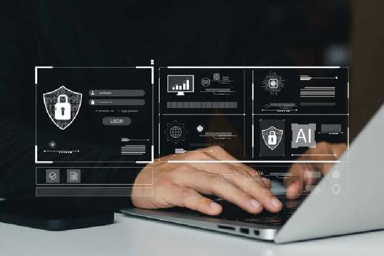 An abstract digital graphic representing cybersecurity concepts like locks and data streams.