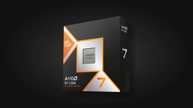 AMD Ryzen 7 9800X3D Retail-Box auf einem dunklen Produkthintergrund.
