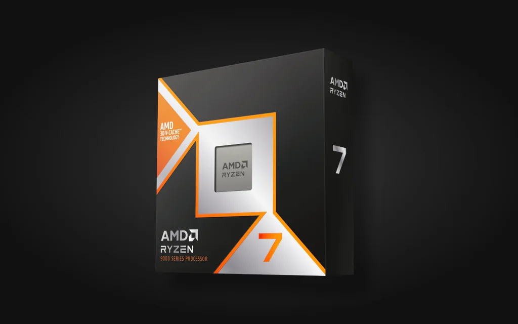 Caja de venta al público del AMD Ryzen 7 9800X3D sobre un fondo de producto oscuro.