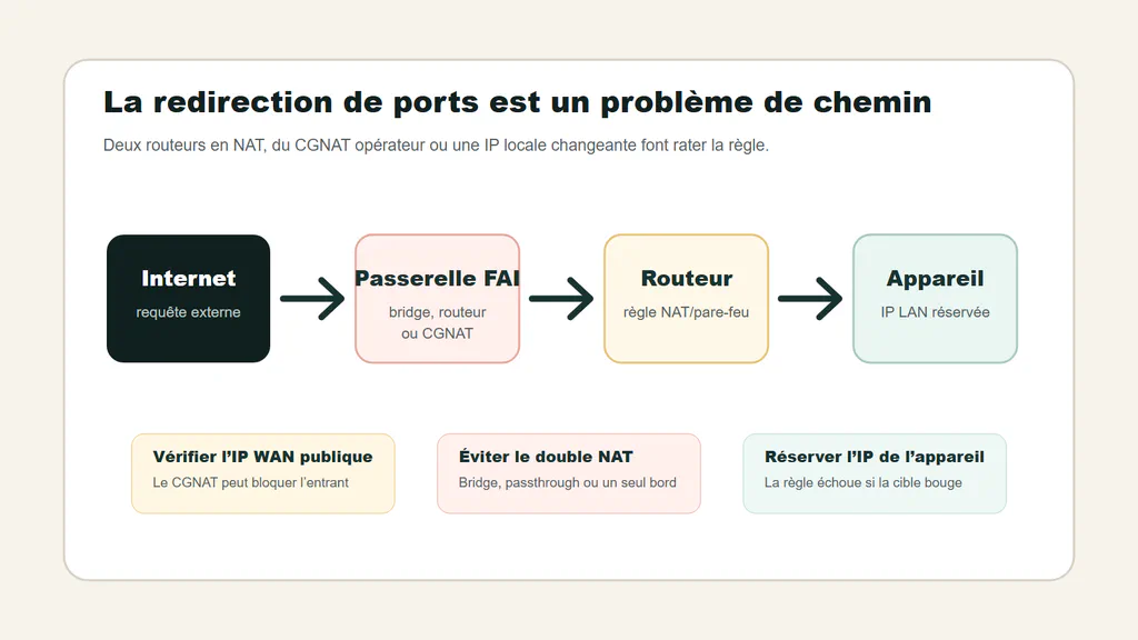 Diagramme de redirection de ports montrant internet, passerelle FAI, routeur et appareil avec vérifications double NAT et CGNAT.