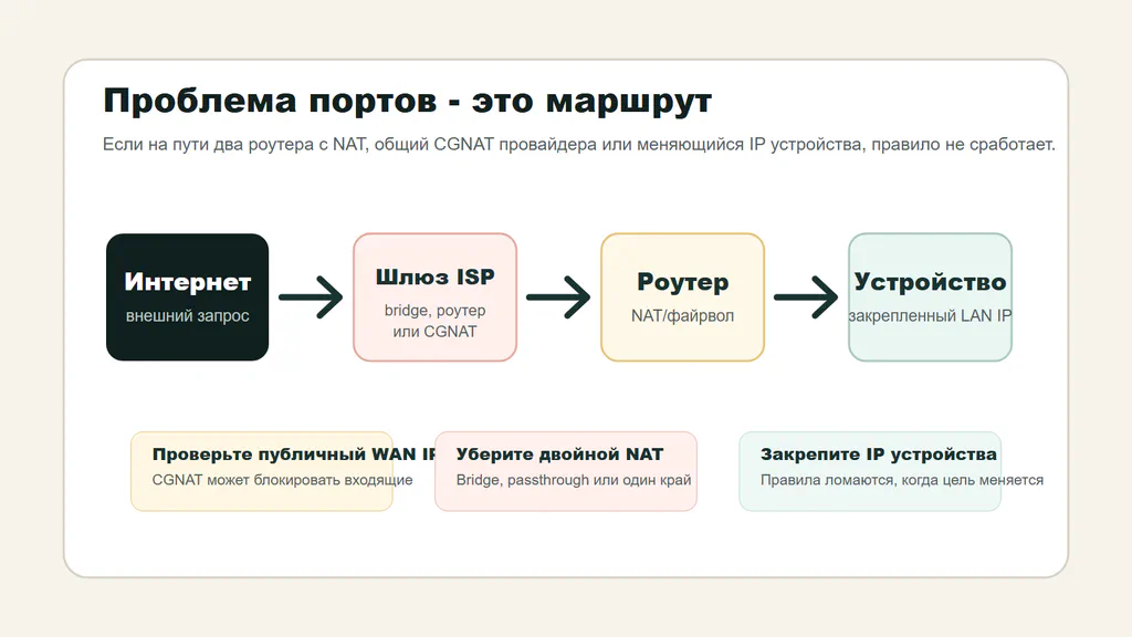 Схема проброса портов с учетом шлюза провайдера и домашнего роутера.