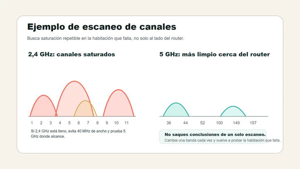 Ejemplo de escaneo Wi-Fi con canales 2,4 GHz saturados y una opción 5 GHz más limpia.