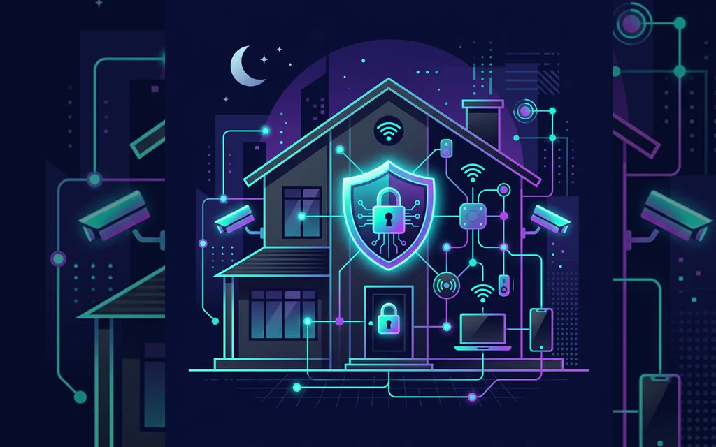 Connected home protected by a digital shield, with Wi-Fi, cameras, phones, and laptops on a home network.