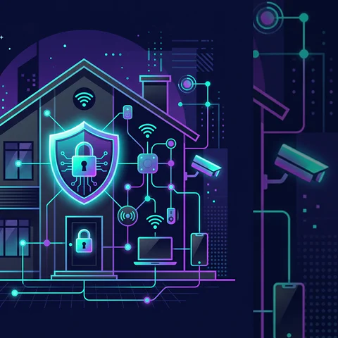 Connected home protected by a digital shield, with Wi-Fi, cameras, phones, and laptops on a home network.