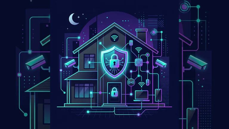 Подключенный дом под цифровым щитом, с Wi-Fi, камерами, телефонами и ноутбуками в домашней сети.