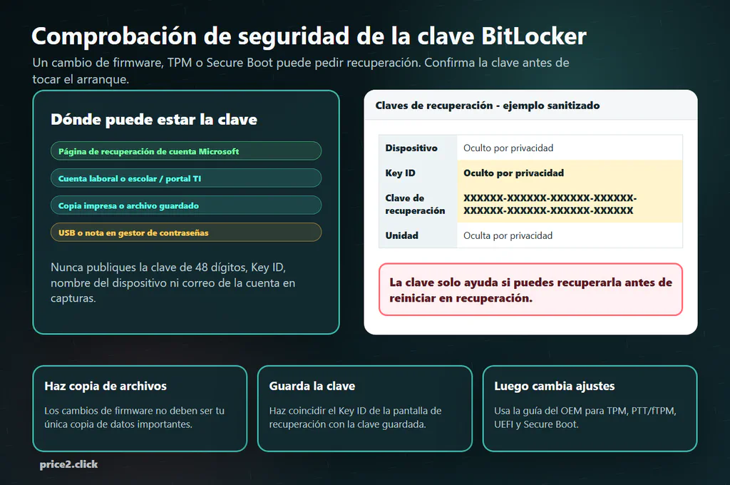 Pantalla de ejemplo con campos privados de clave de recuperación de BitLocker y recordatorios para guardar la clave antes de cambios de firmware.