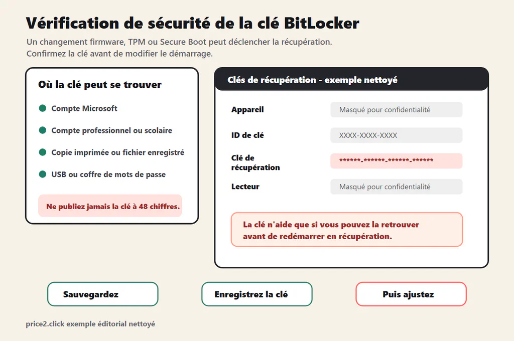 Exemple éditorial nettoyé montrant les champs de confidentialité d'une clé de récupération BitLocker et les rappels de sauvegarde avant modifications firmware.