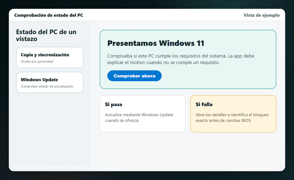 Pantalla de ejemplo de la app Comprobación de estado del PC mostrando dónde aparece el botón Comprobar ahora para Windows 11.