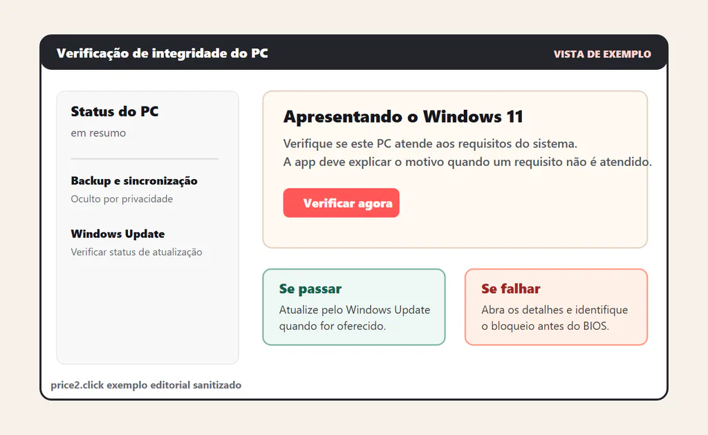 Tela de exemplo do aplicativo PC Health Check mostrando onde aparece o botão Verificar agora do Windows 11.