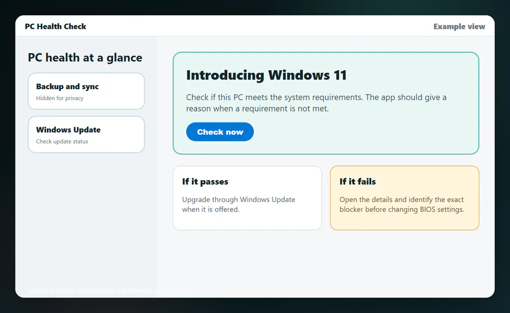Sanitized editorial example of the PC Health Check app showing where the Windows 11 Check now button appears.