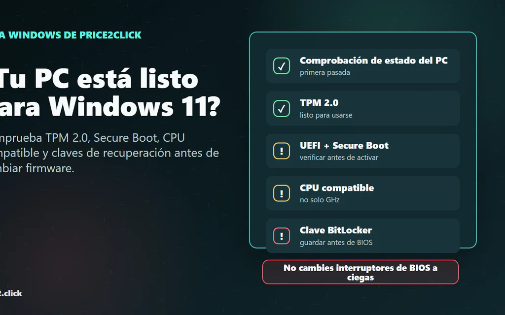 Lista de preparación para Windows 11 con Comprobación de estado del PC, TPM 2.0, Secure Boot, CPU y claves de BitLocker.