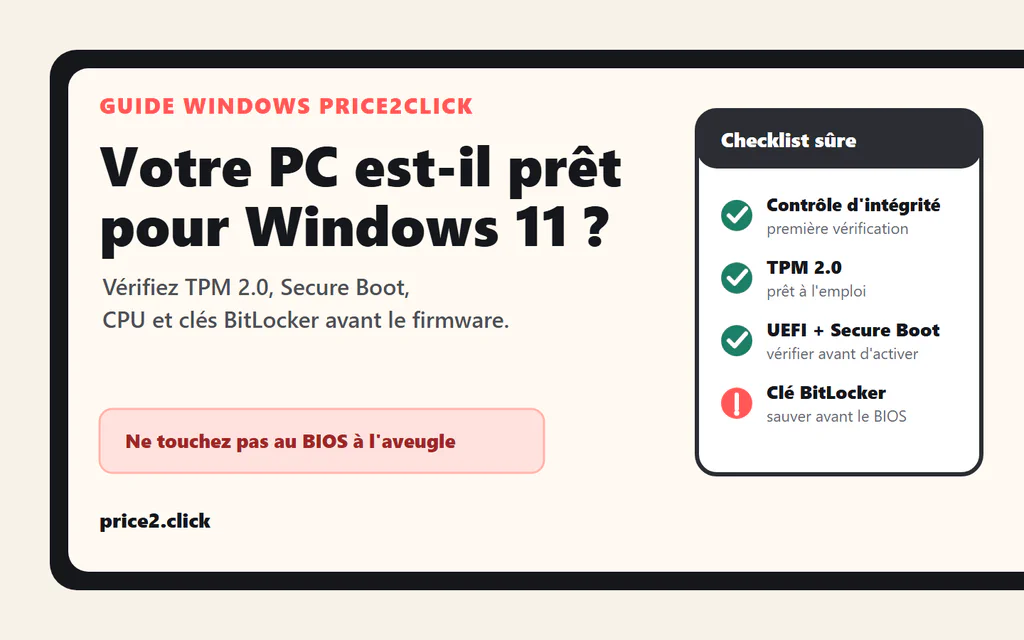 Illustration éditoriale Price2Click montrant une checklist de compatibilité Windows 11 pour Contrôle d'intégrité du PC, TPM 2.0, Secure Boot, le CPU et les clés BitLocker.