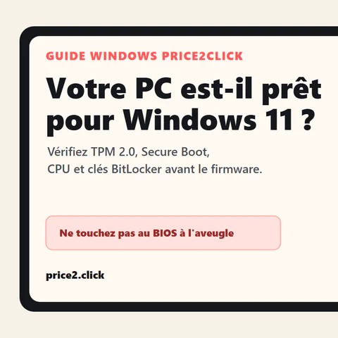 Illustration éditoriale Price2Click montrant une checklist de compatibilité Windows 11 pour Contrôle d'intégrité du PC, TPM 2.0, Secure Boot, le CPU et les clés BitLocker.