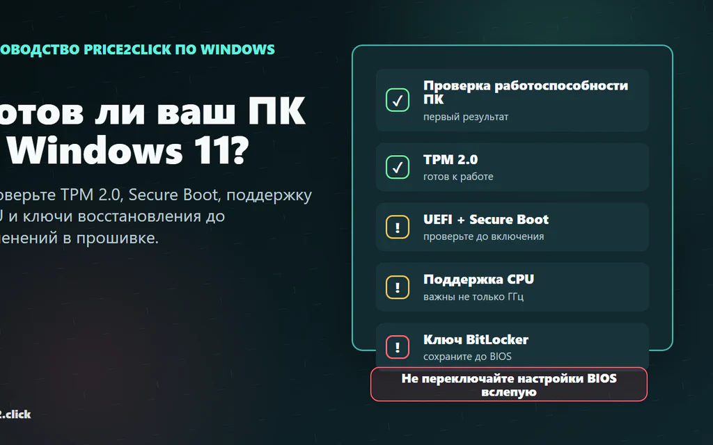 Чеклист готовности к Windows 11: PC Health Check, TPM 2.0, Secure Boot, поддержка CPU и ключи восстановления BitLocker.