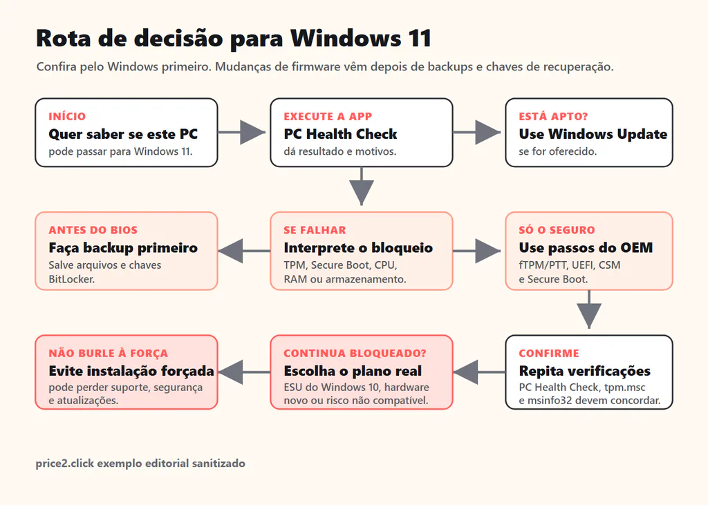 Caminho de decisão para verificar prontidão do Windows 11 com PC Health Check, TPM, Secure Boot, chaves de recuperação do BitLocker e opções para hardware sem suporte.