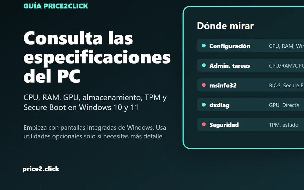 Flujo de Windows para consultar CPU, RAM, GPU, almacenamiento, dxdiag y Seguridad de Windows.