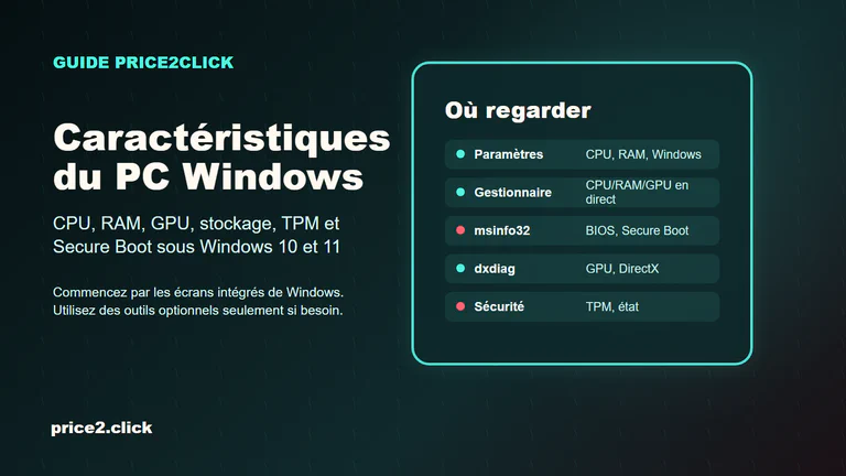 Illustration éditoriale Price2Click montrant des outils Windows pour vérifier les caractéristiques d'un PC : Paramètres, Gestionnaire des tâches, msinfo32, dxdiag et Sécurité Windows.