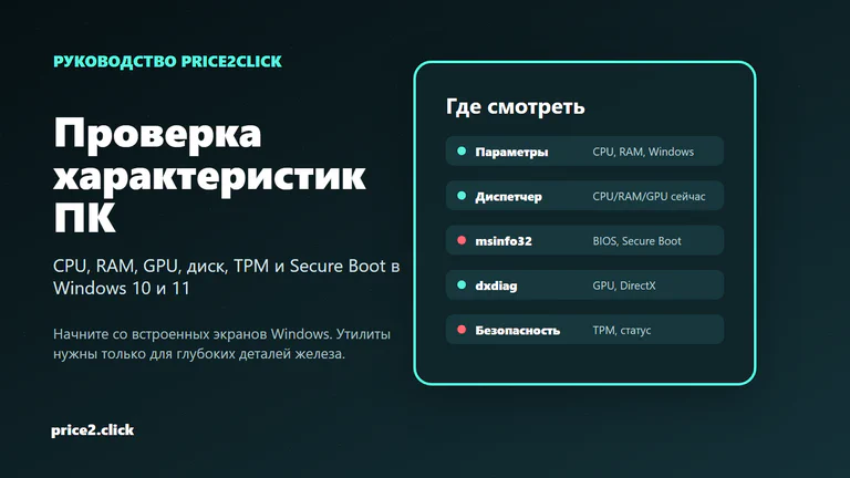 Интерфейсы Windows для проверки характеристик ПК: Параметры, Диспетчер задач, msinfo32, dxdiag и Безопасность Windows.