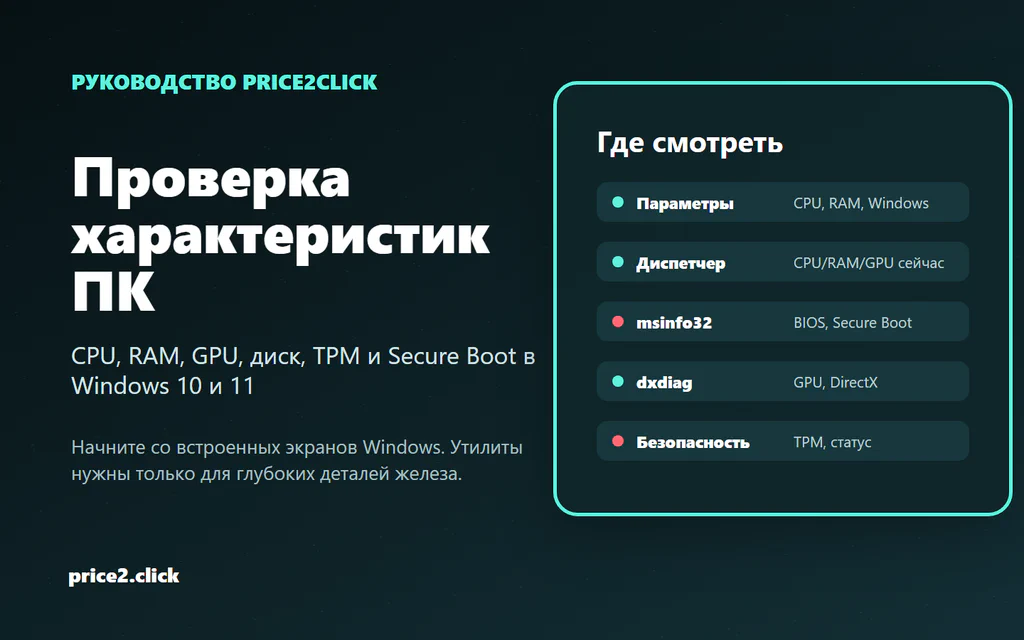 Интерфейсы Windows для проверки характеристик ПК: Параметры, Диспетчер задач, msinfo32, dxdiag и Безопасность Windows.